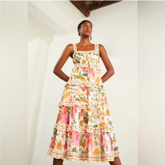 🥭FARM RIO Macaw Bloom Ruffle Tiered Sundress - Picture 1 of 9